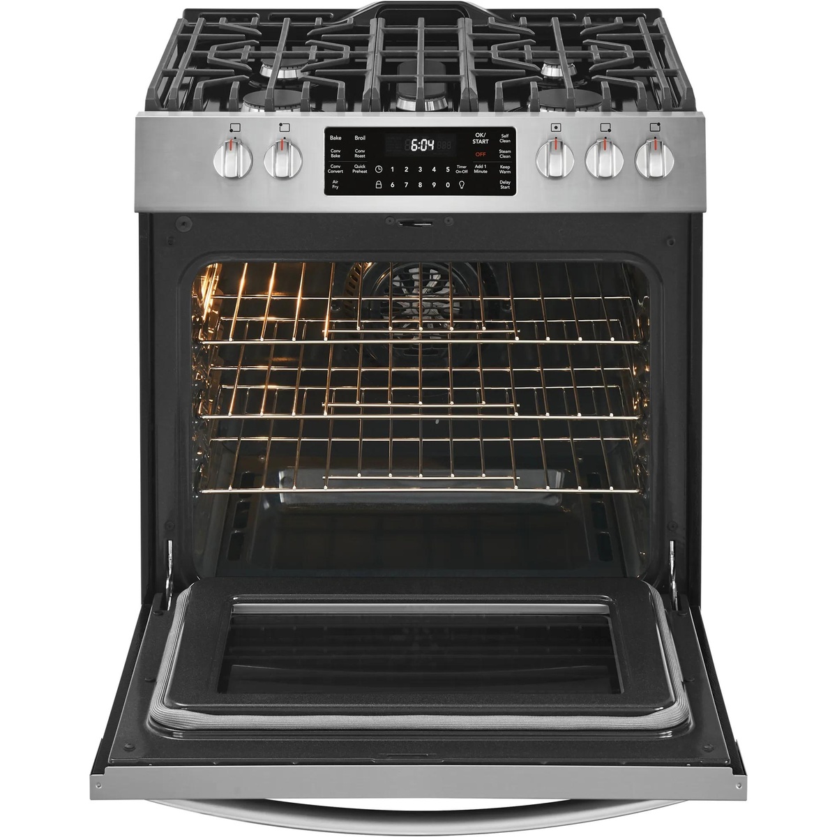 Frigidaire Gallery FGGH3047VF with oven door open showing three nickel racks and the front capacitive touch control panel with Air Fry, Conv Bake, Steam Clean and other mode labels visible