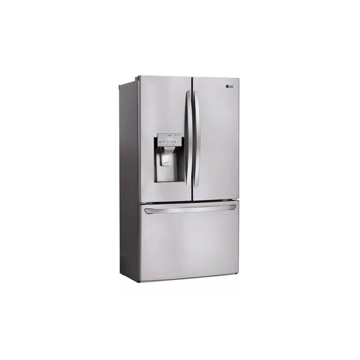 LG LFXC22526S stainless steel French door refrigerator shown from a three-quarter angle, highlighting the PrintProof stainless steel exterior, matching commercial handles, and integrated ice and water dispenser