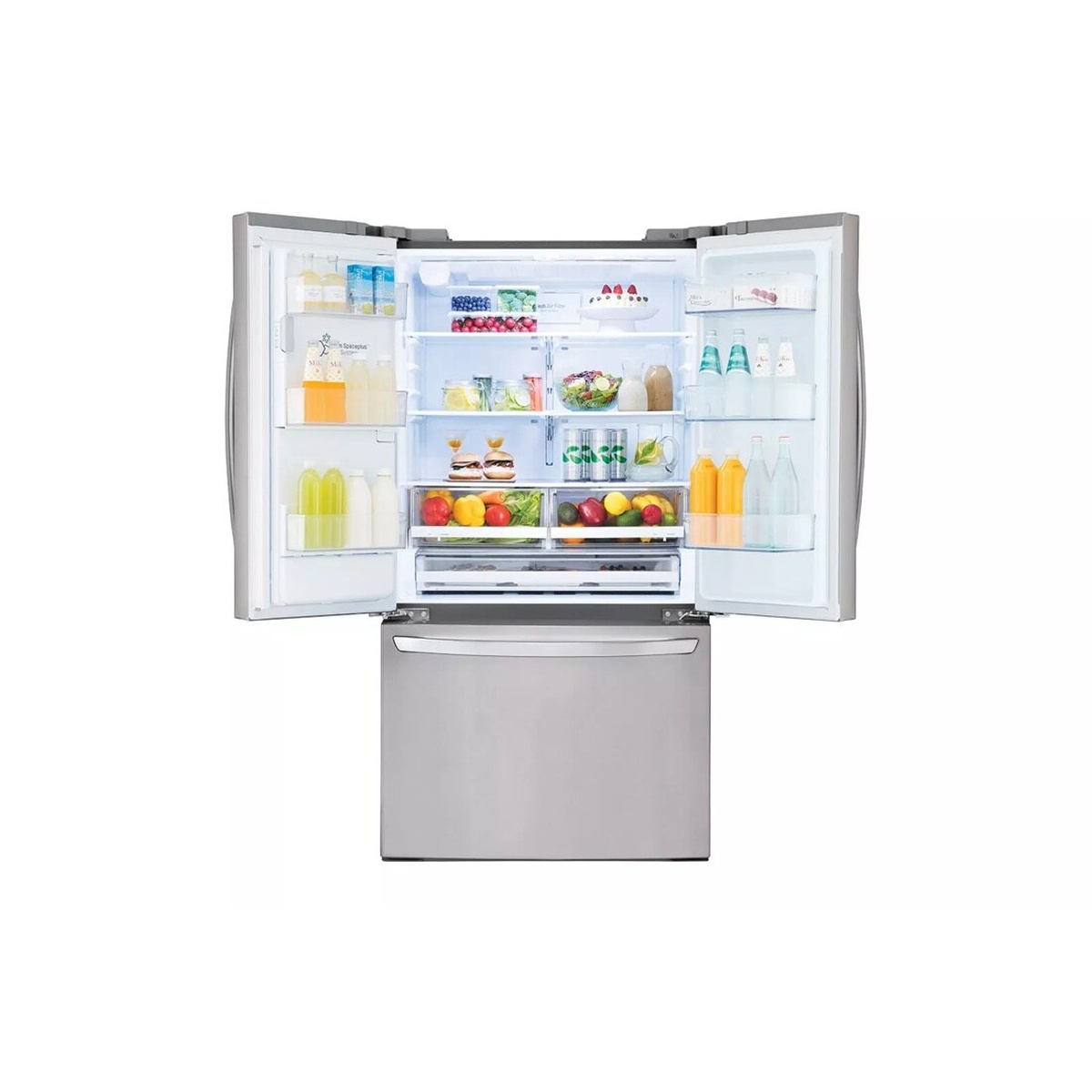 LG LFXC22526S interior view with both French doors open, showing fully stocked shelves, crisper drawers with fresh produce, door bins, and Glide N' Serve drawer
