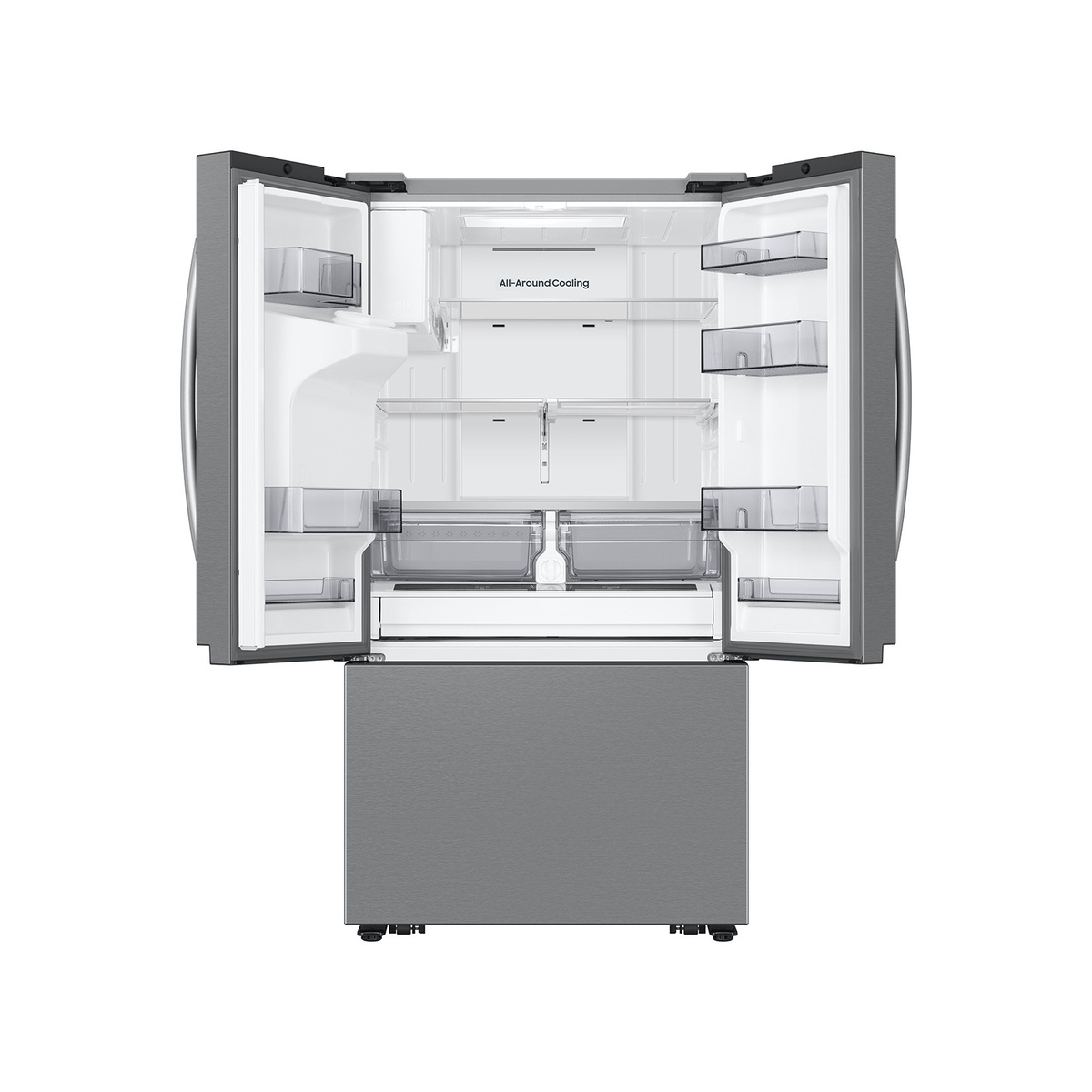 Samsung RF32CG5B30SRAA interior open view showing All-Around Cooling label, tempered glass shelves, door bins, and produce drawers