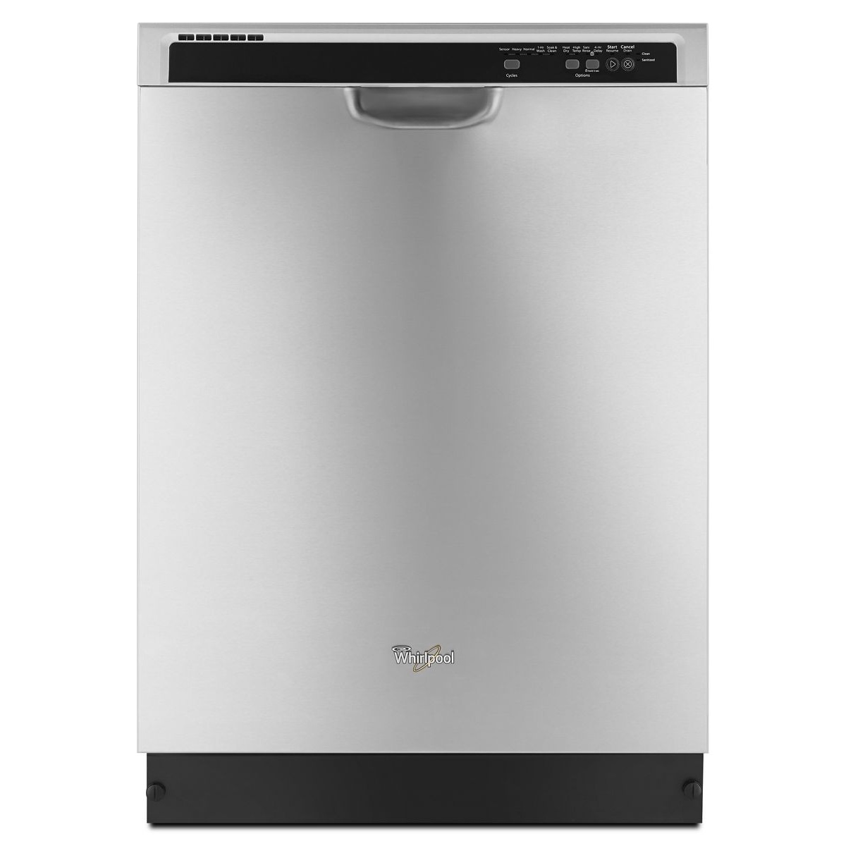 Whirlpool WDF540PADM stainless steel built-in dishwasher with top-mounted control panel showing wash cycles and options