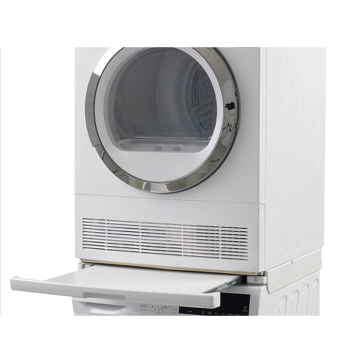 Close-up of Marathon dryer stacked on top of a washer with the MSK23 pull-out shelf fully extended between units