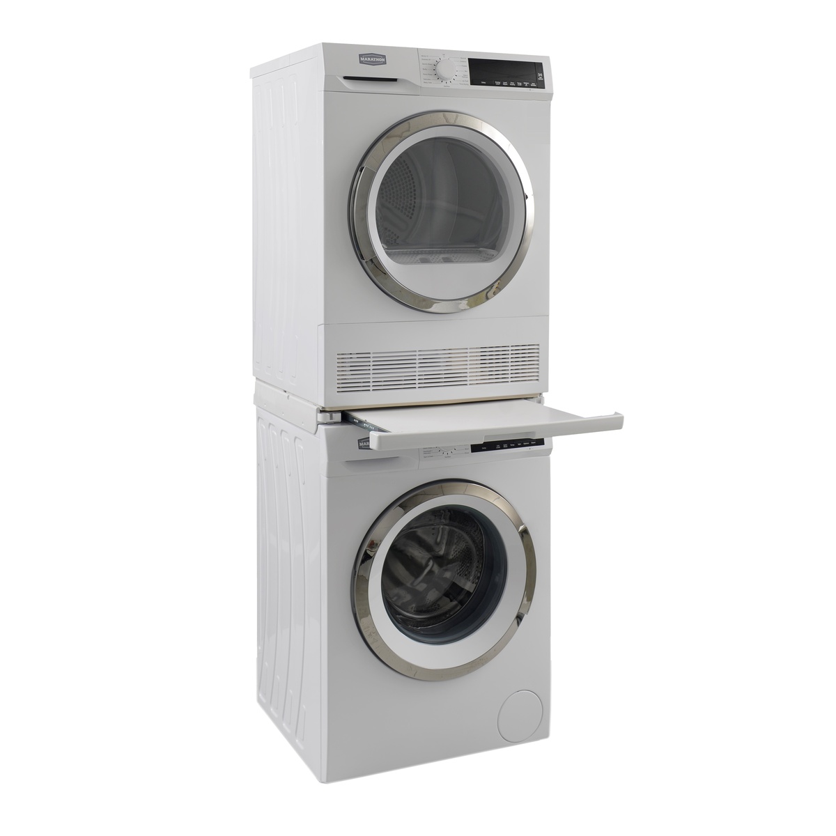 Marathon washer and dryer stacked vertically using the MSK23 stacking kit with pull-out shelf extended between the two units