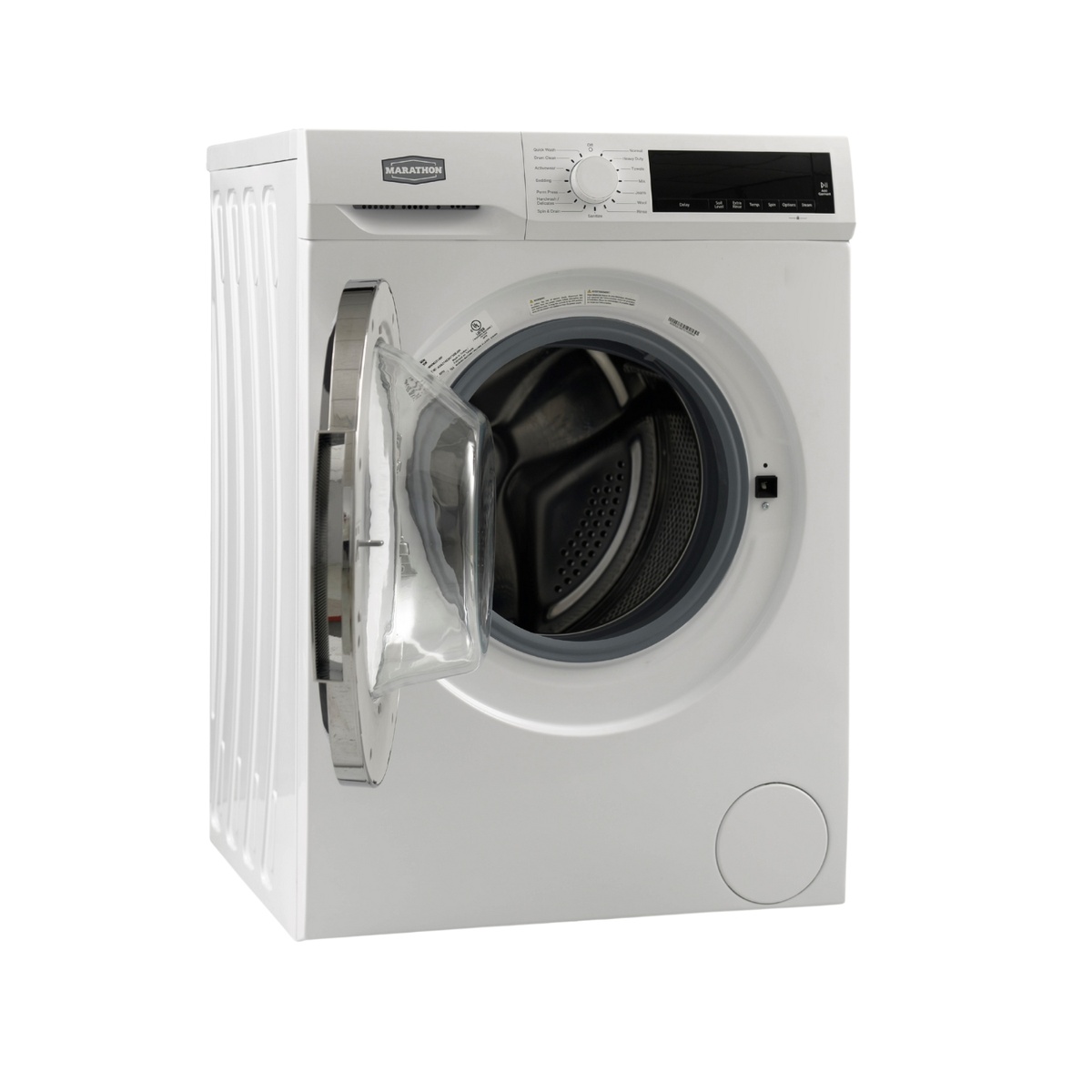 Marathon MWM2214W front-load washer shown from the opposite angle with door open, highlighting the control panel, drum opening, and overall white cabinet design.