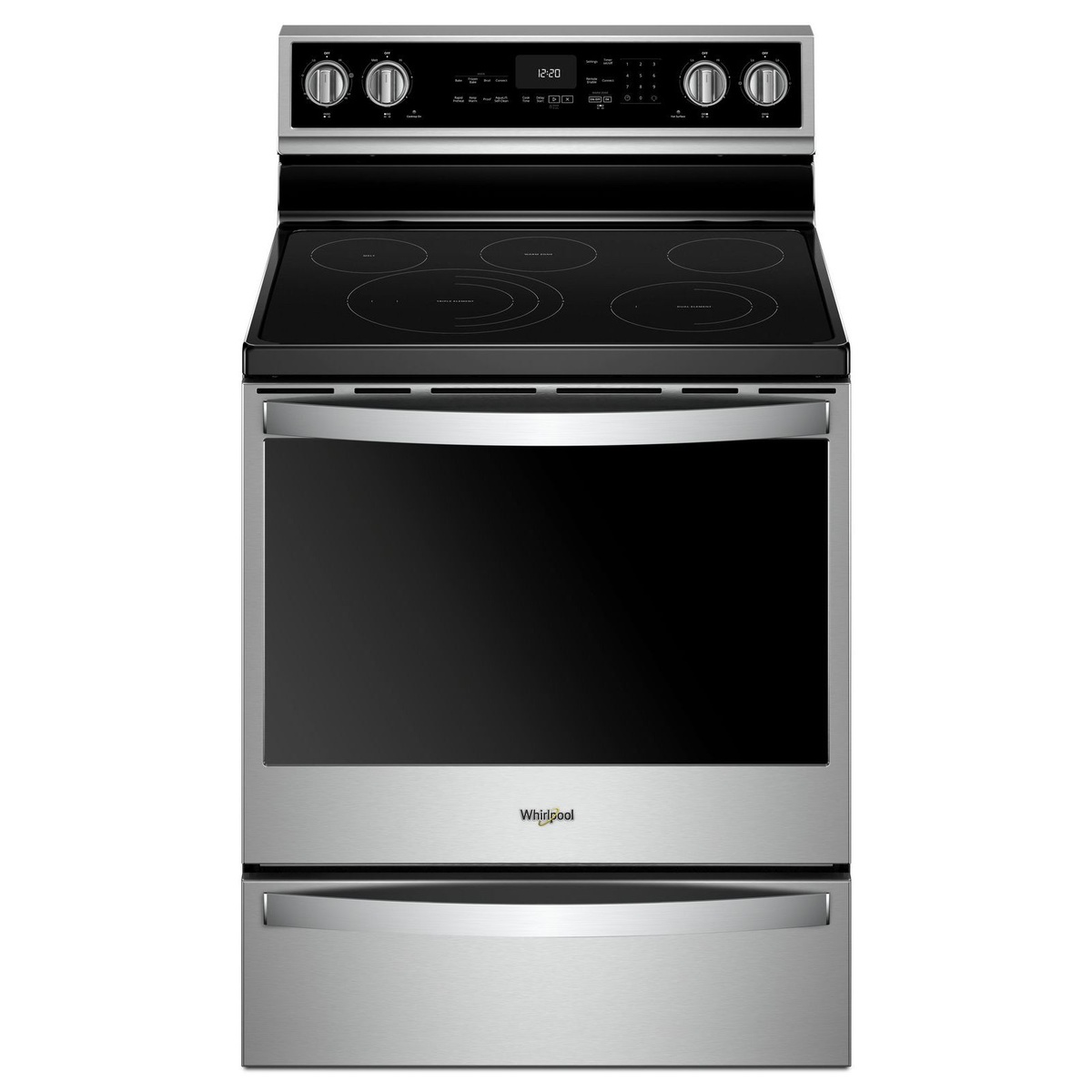 Whirlpool YWFE975H0HZ freestanding electric range in stainless steel showing full front view with ceramic glass cooktop, digital control panel, and large oven window