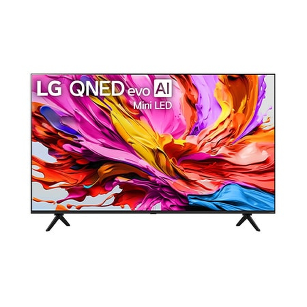 LG QNED evo AI Mini LED TV front view with LG branding visible on screen