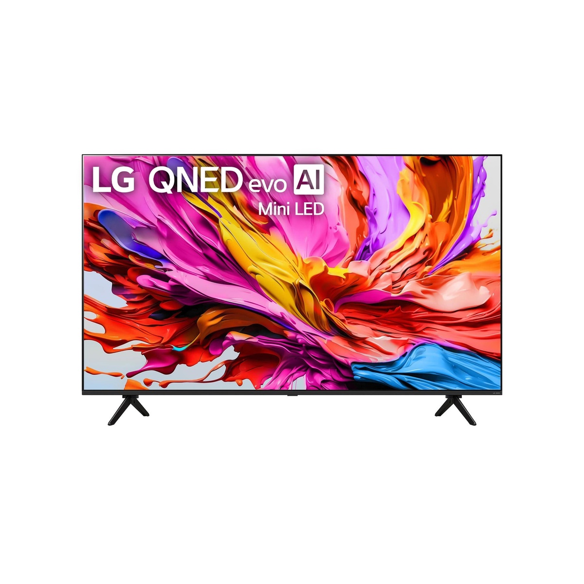 LG 75QNED91AUA front view displaying vivid multicolour artwork on the 75-inch MiniLED 4K panel with stand