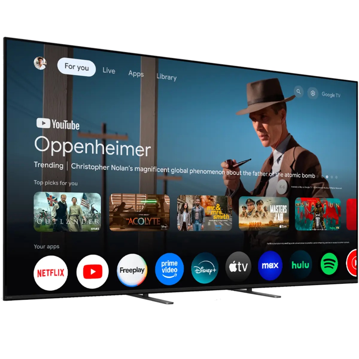 Sony BRAVIA 5 displaying the Google TV home screen with personalized streaming recommendations and app icons including Netflix, YouTube, Prime Video and Disney+