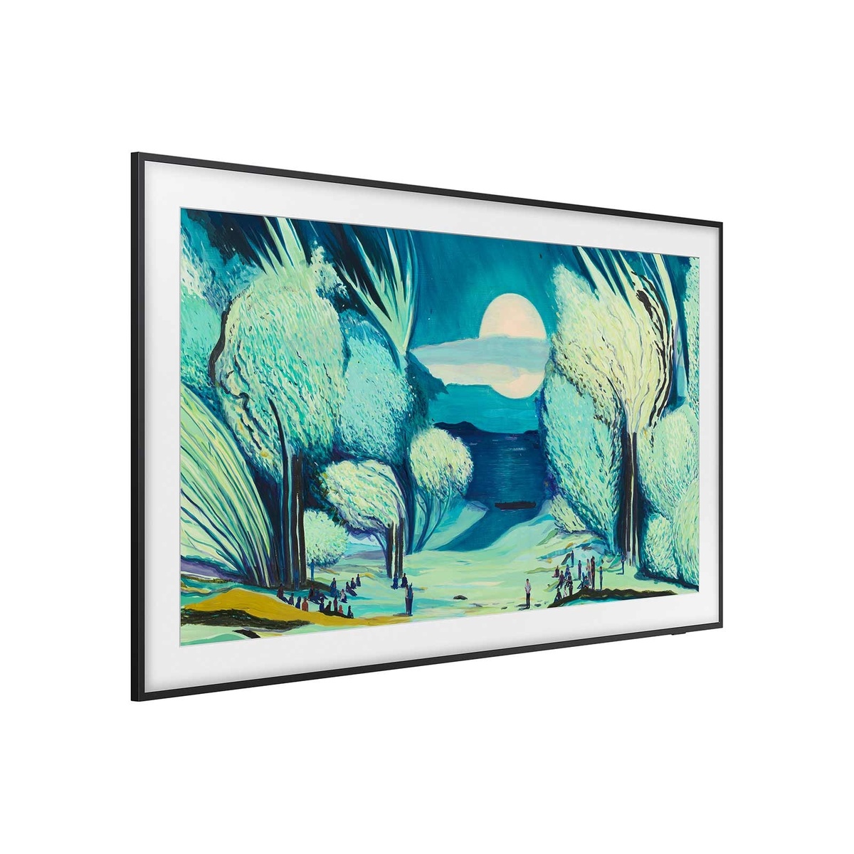 Samsung The Frame 65 QN65LS03FAF angled side view displaying vivid artwork in Art Mode, highlighting the ultra-slim profile and black picture-frame bezel