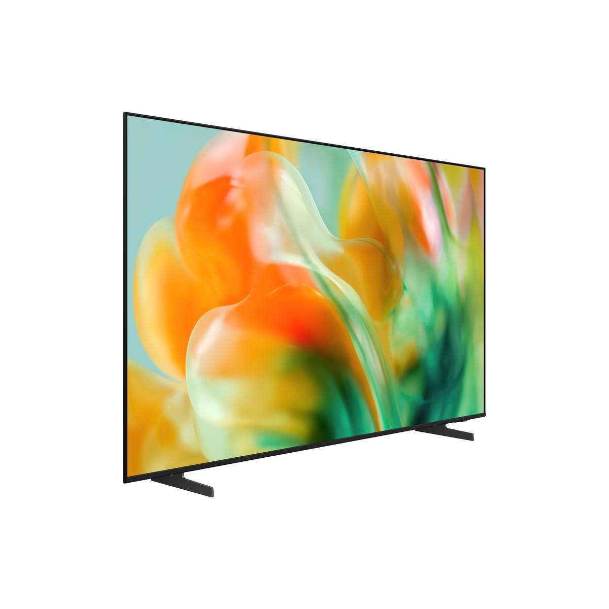 Samsung 75-inch M80H Mini LED TV shown at an angle, displaying vibrant orange and green abstract artwork with a slim bezel and titanium gray stand feet