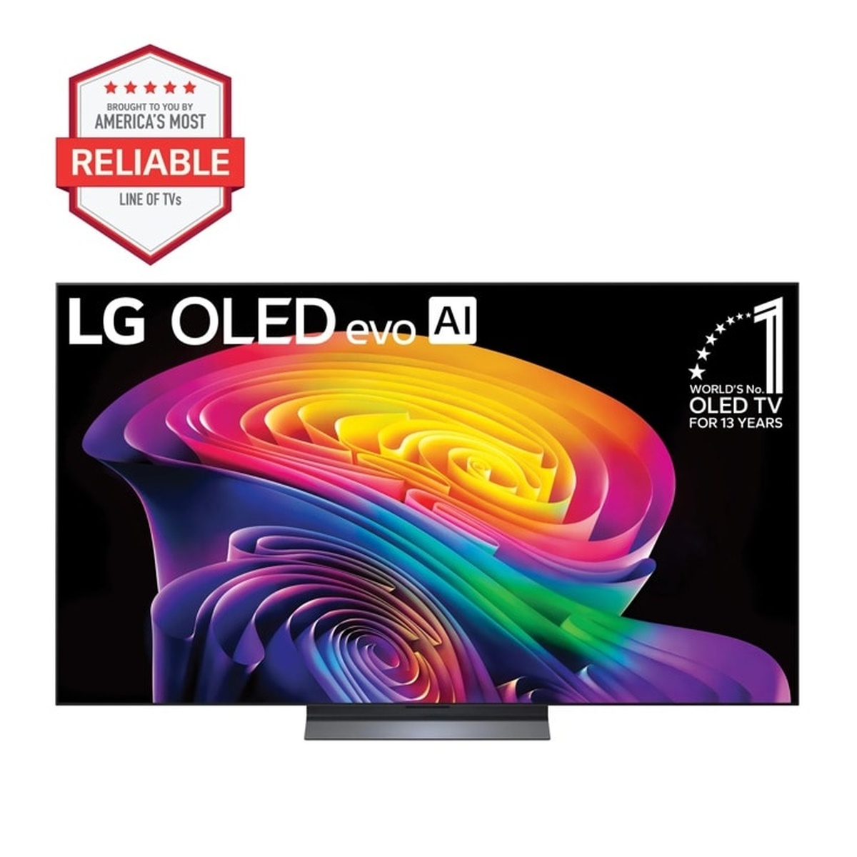 LG OLED evo AI C6 65-inch TV displayed front-on with vibrant spiral color artwork on screen, featuring America's Most Reliable and World's No. 1 OLED TV for 13 Years award badges