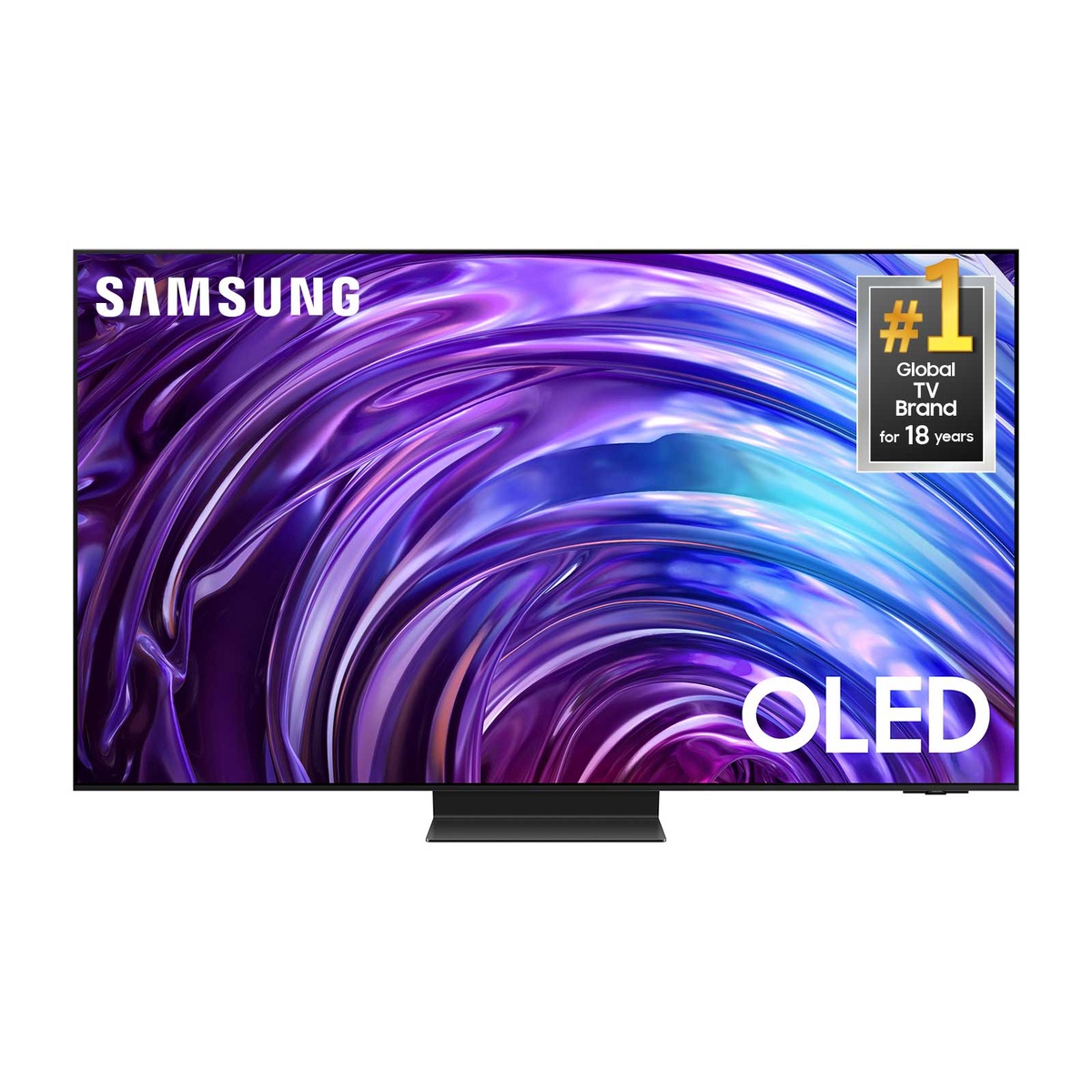Front view of a Samsung OLED TV showing Samsung branding and an OLED label on screen