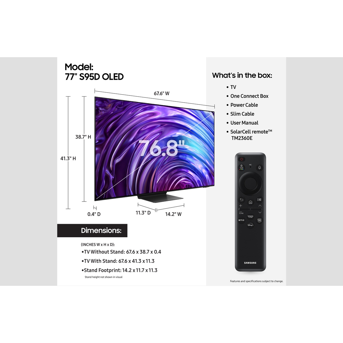 Samsung 77-inch S95D OLED TV diagram showing dimensions and a list of what is included in the box, plus the SolarCell remote