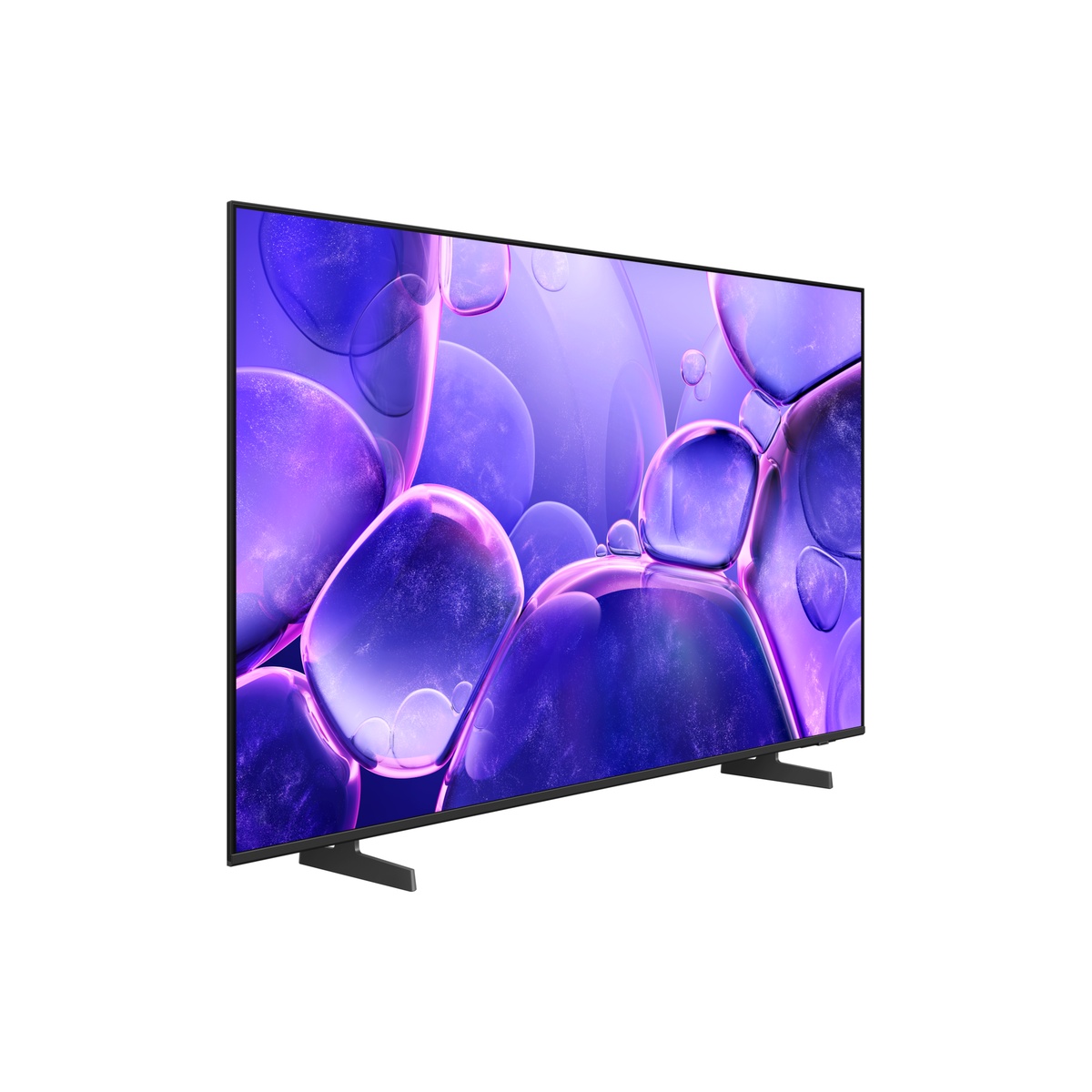 Samsung Crystal UHD 75-inch TV shown from a left-angle perspective, displaying vivid purple and pink abstract content on screen with slim black bezel and stand