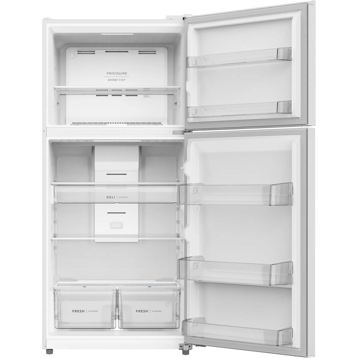 Open Frigidaire top freezer refrigerator showing freezer shelf, deli drawer, twin crispers, and multiple clear door bins
