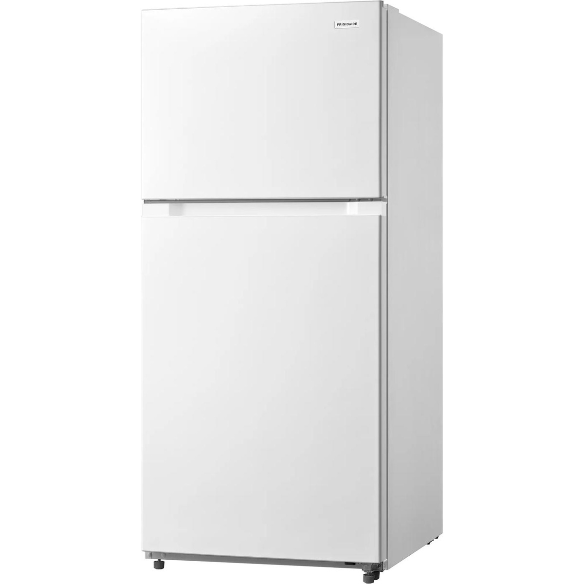 Angled exterior view of white Frigidaire top freezer refrigerator with integrated handle design