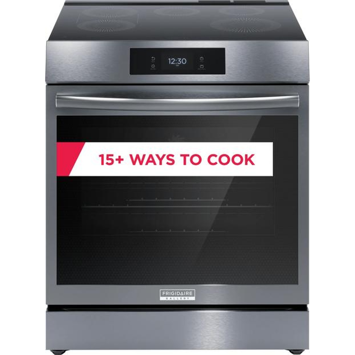 Front view of the Frigidaire Gallery range with smooth cooktop, front display, and oven door graphic showing 15+ ways to cook