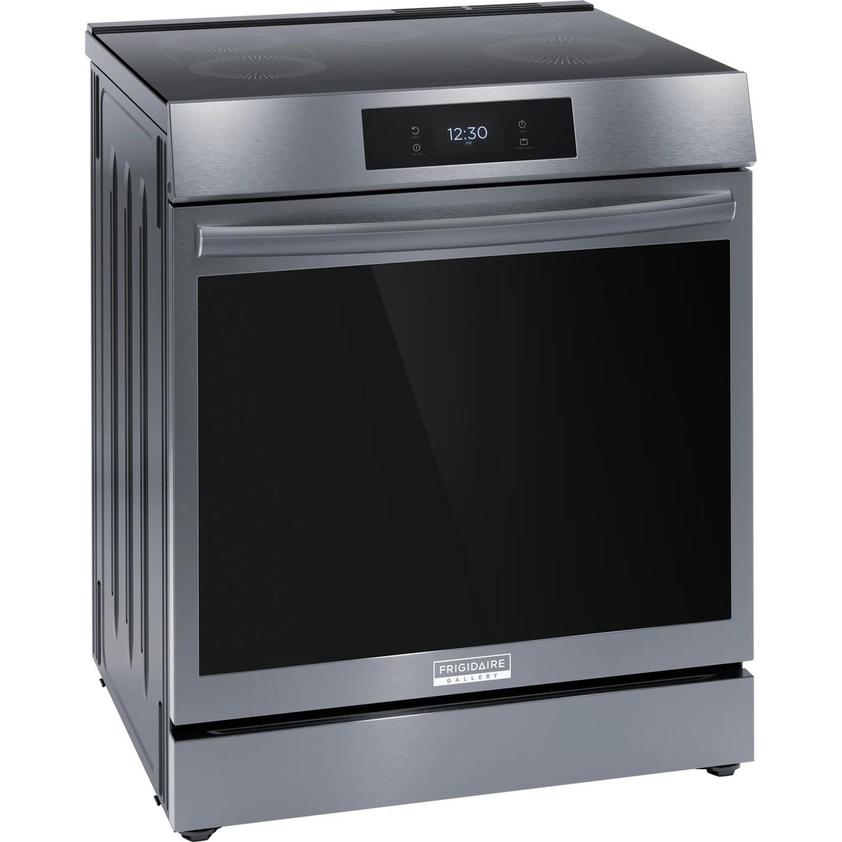 Angled view of the Frigidaire Gallery slide-in electric range with smooth black glass cooktop and stainless front