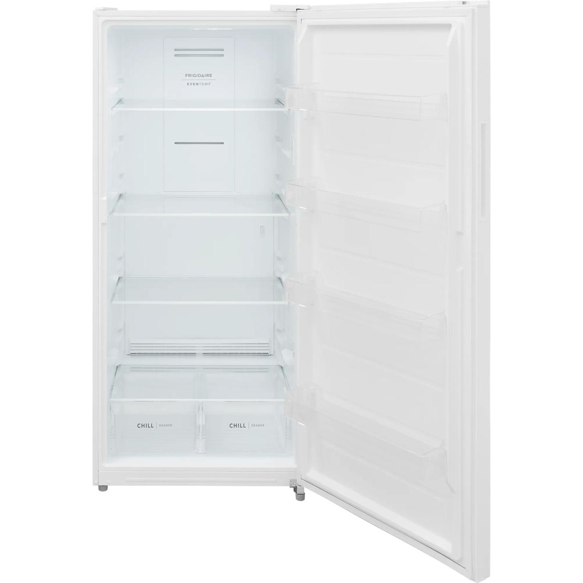 Open white upright freezer interior with glass shelves, clear door bins, and two bottom drawers