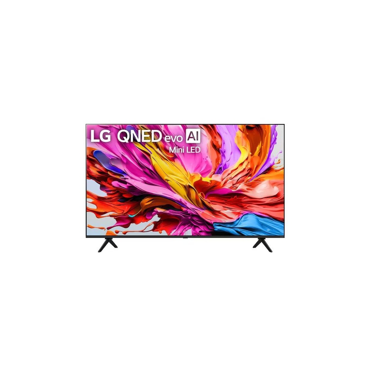 Front view of LG QNED evo AI Mini LED television displaying a vivid abstract image