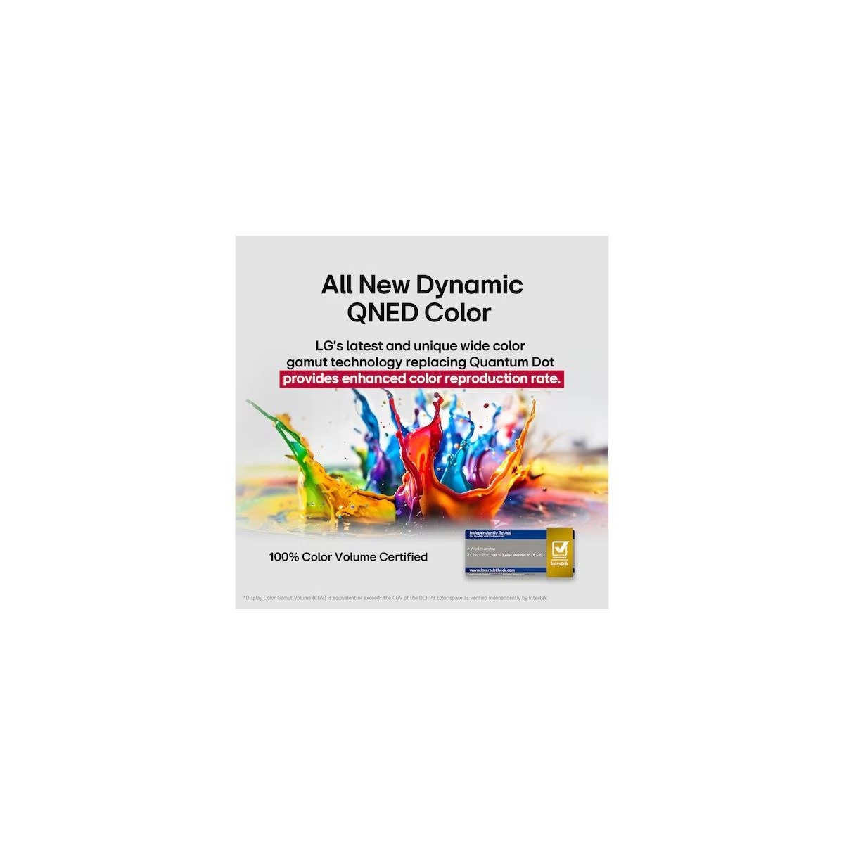 Graphic highlighting LG Dynamic QNED Color with colorful paint splash imagery