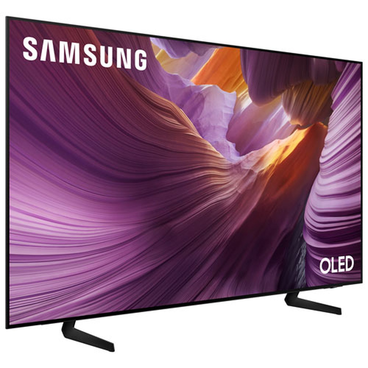 Angled front view of the Samsung OLED TV with thin bezels and wide screen