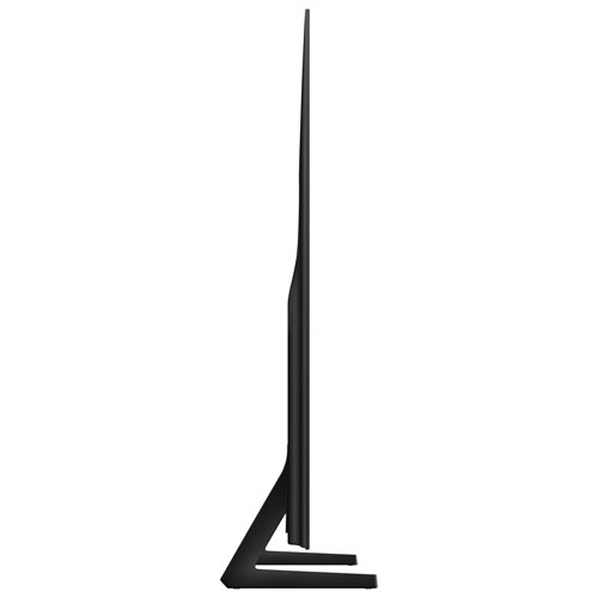 Side profile of the Samsung S85F OLED TV showing its slim screen and stand design