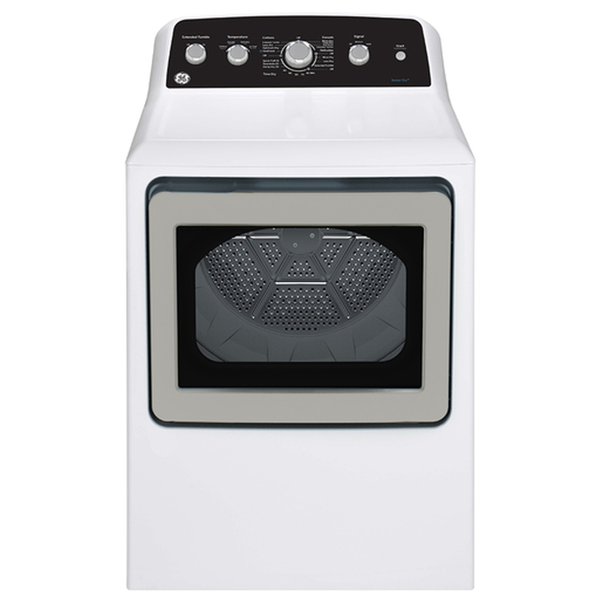 Front view of the white GE GTD49EBMRWS electric dryer with top control panel and window door.