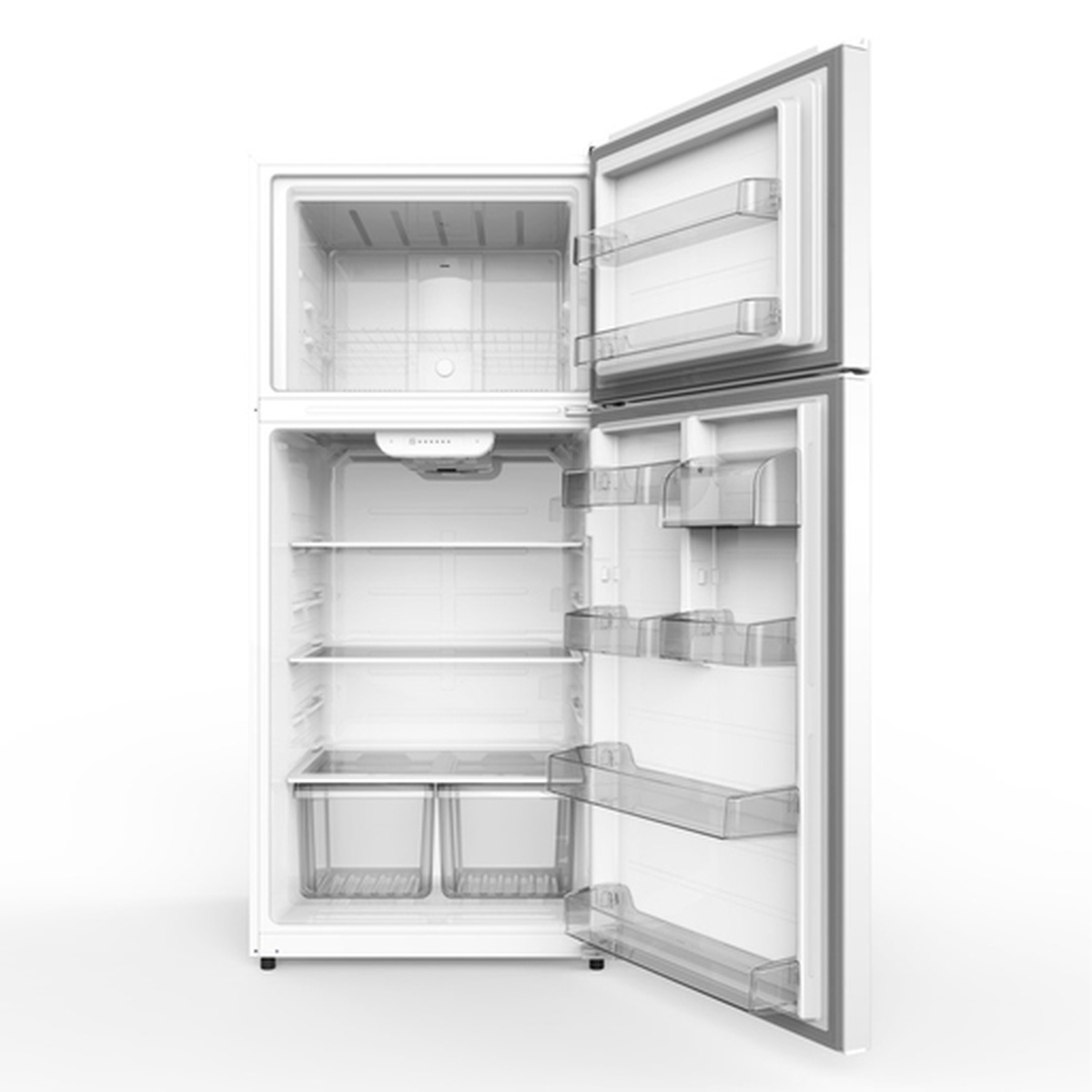 Open white GE top-freezer refrigerator showing glass shelves, door bins, freezer shelf, and two bottom crispers