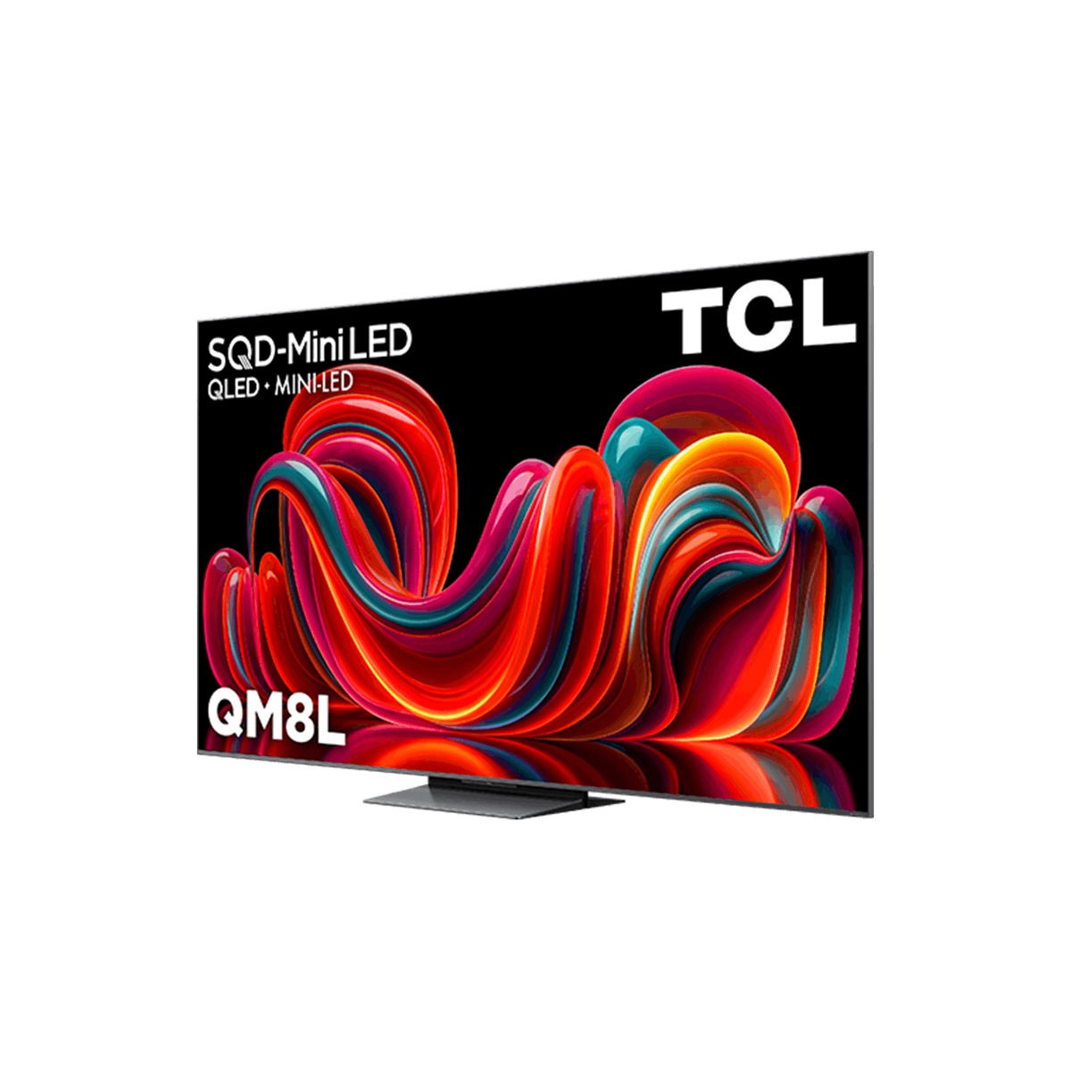 Angled view of a TCL QM8L television with a slim bezel and stand