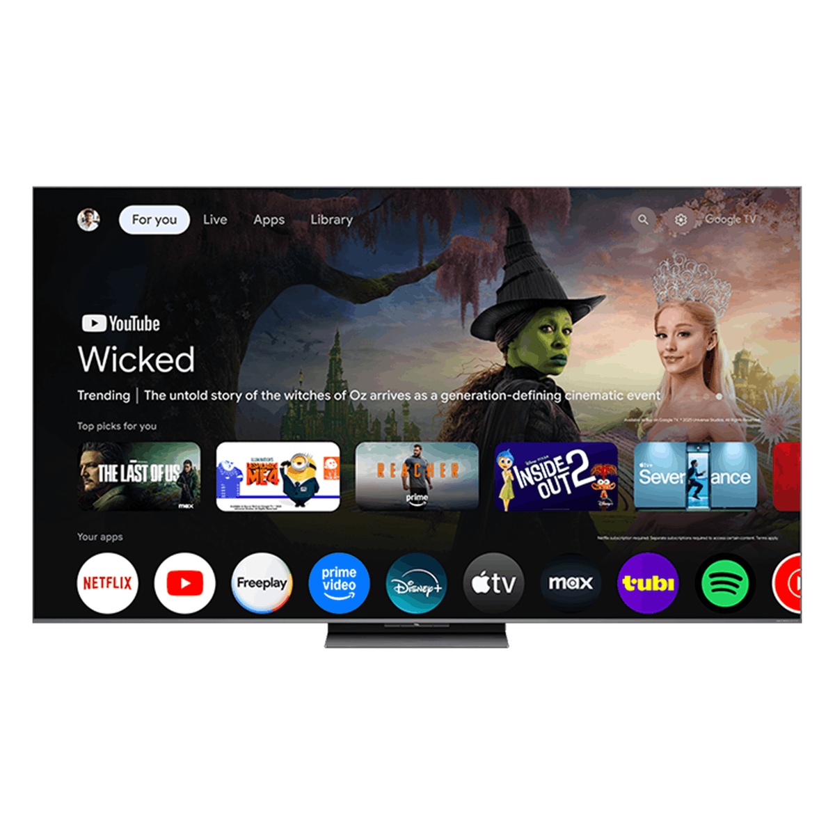 TCL QM8L TV showing the Google TV home screen with streaming app icons
