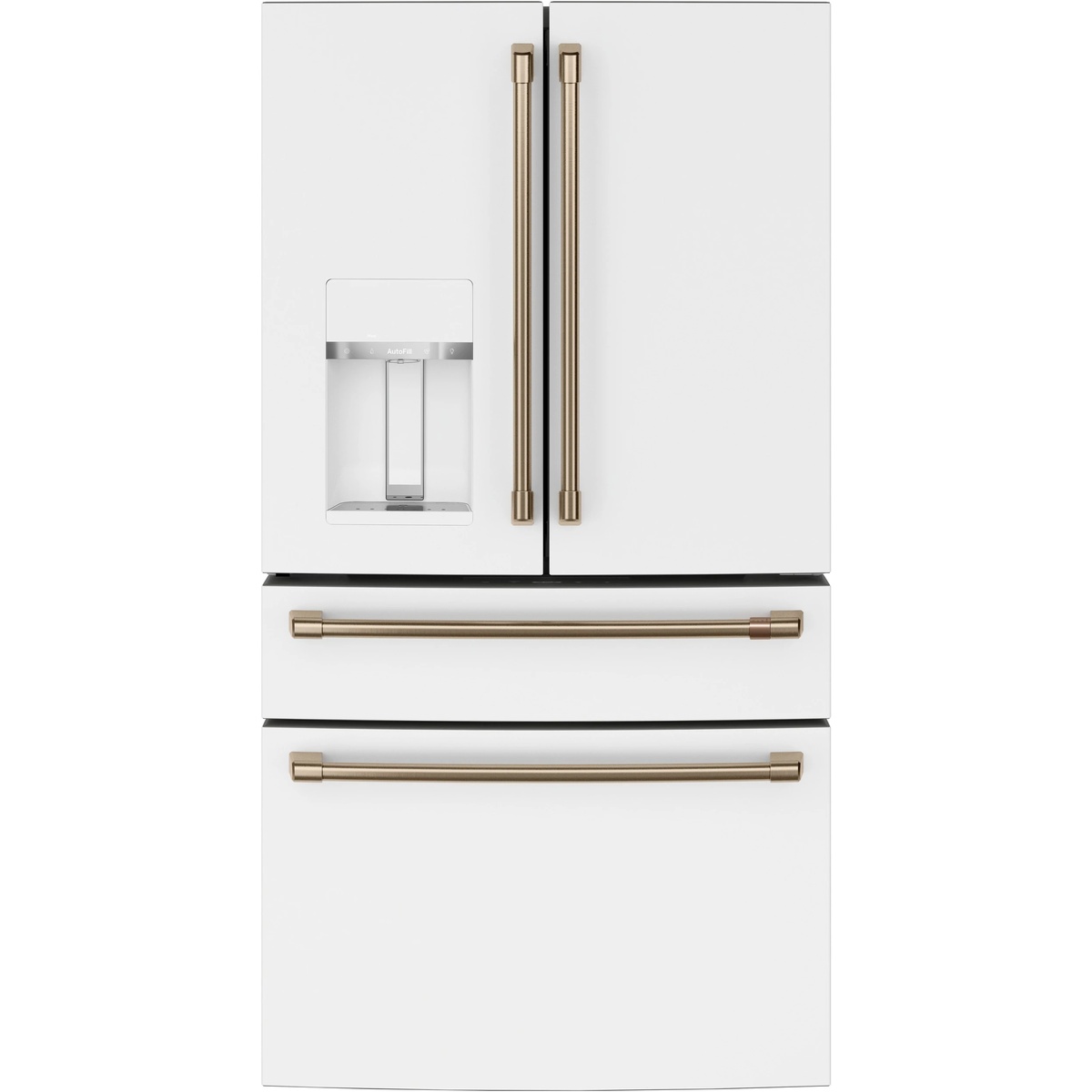 Close view of the Café refrigerator front in matte white with brushed bronze handles and external water dispenser