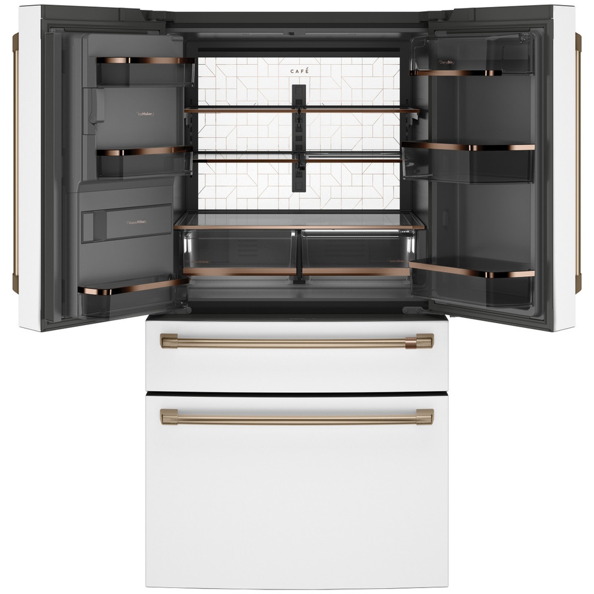 Open Café refrigerator interior with glass shelves, door bins, and lower drawers visible
