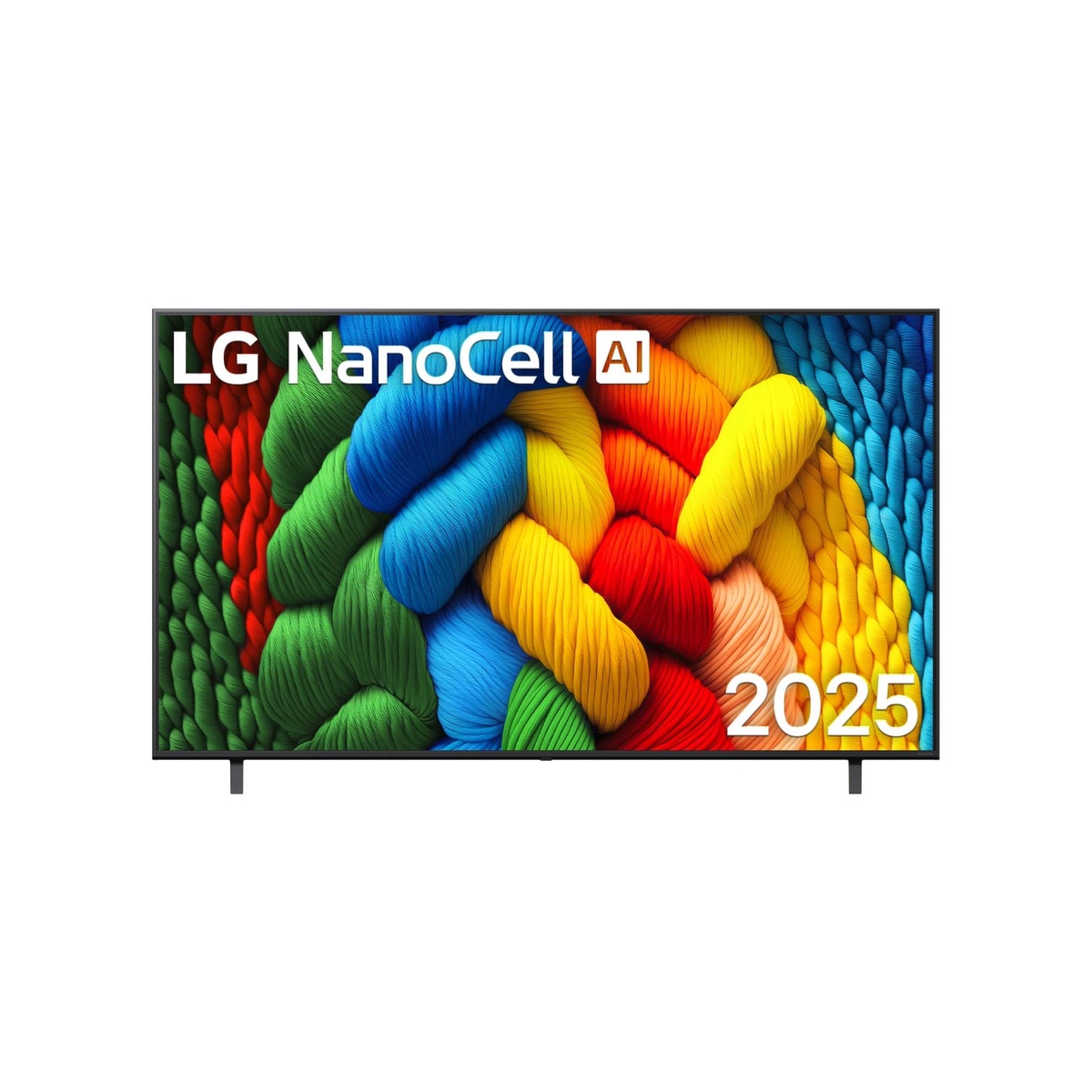 Front view of an LG NanoCell AI TV displaying a colorful image with 2025 text