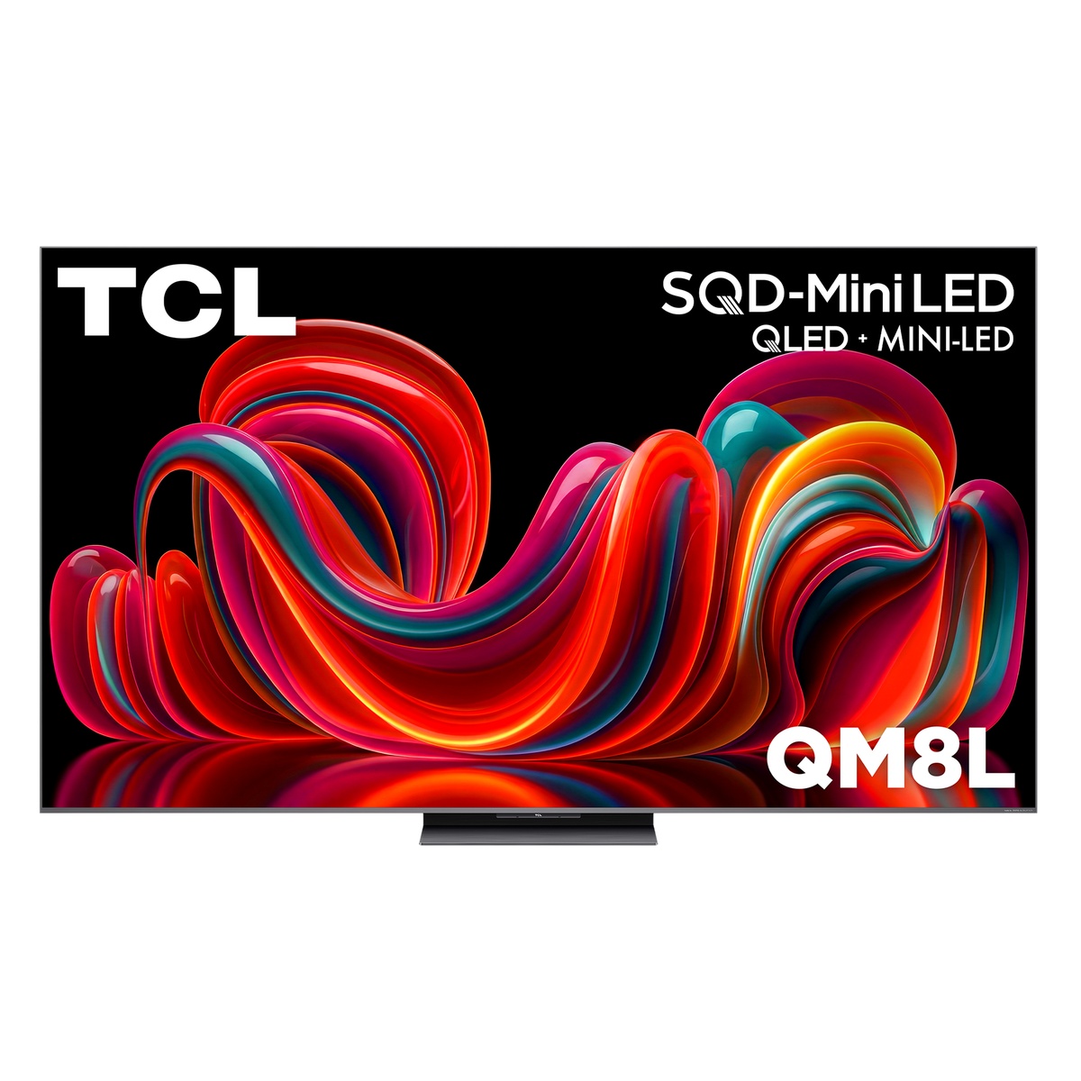 TCL QM8L TV front view showing SQD-Mini LED branding on screen