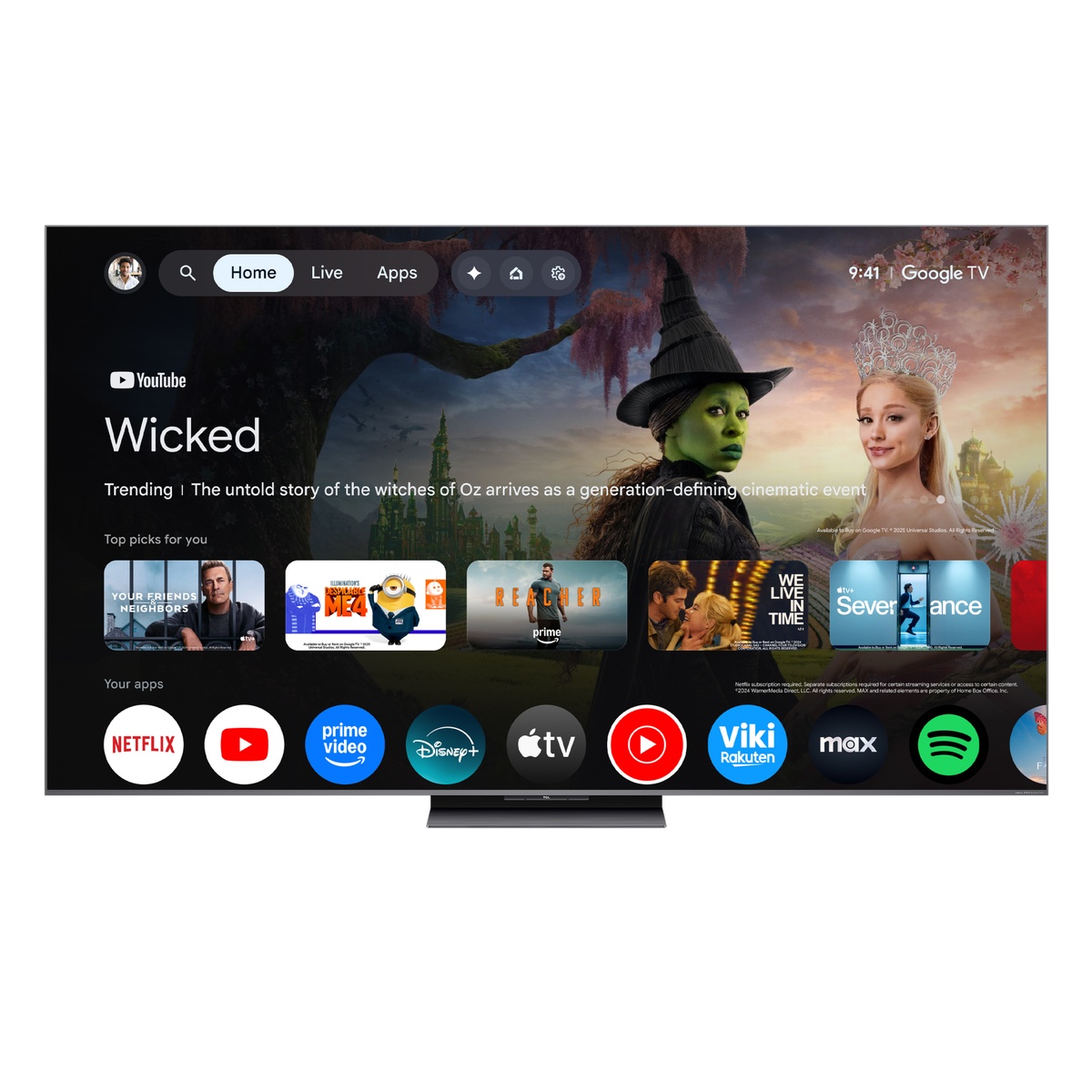 TCL QM8L TV showing the Google TV home screen interface