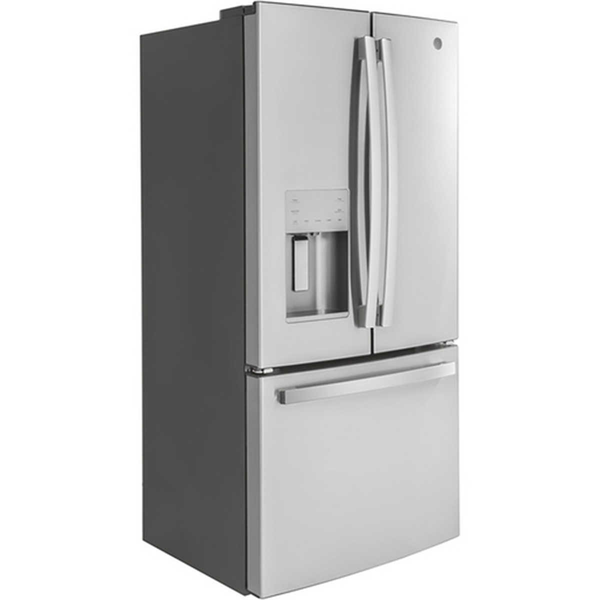 Angled exterior view of the GE Profile fingerprint-resistant stainless steel French-door refrigerator with bottom freezer drawer