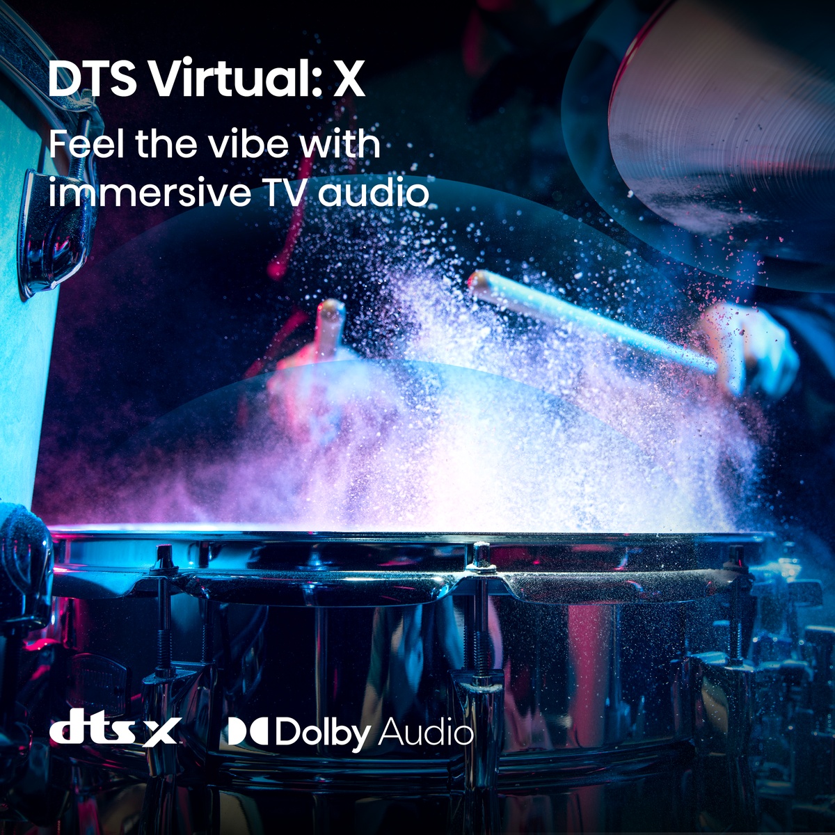Graphic highlighting DTS Virtual:X and Dolby Audio for immersive TV audio