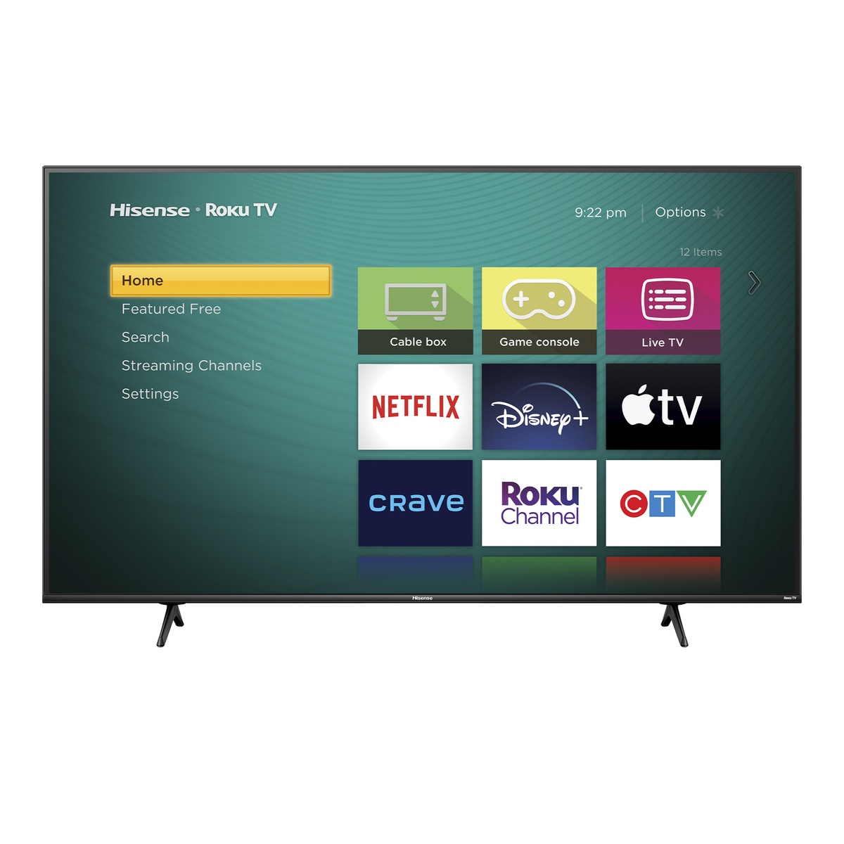 Front view of the Hisense Roku TV showing the Roku home screen with app tiles