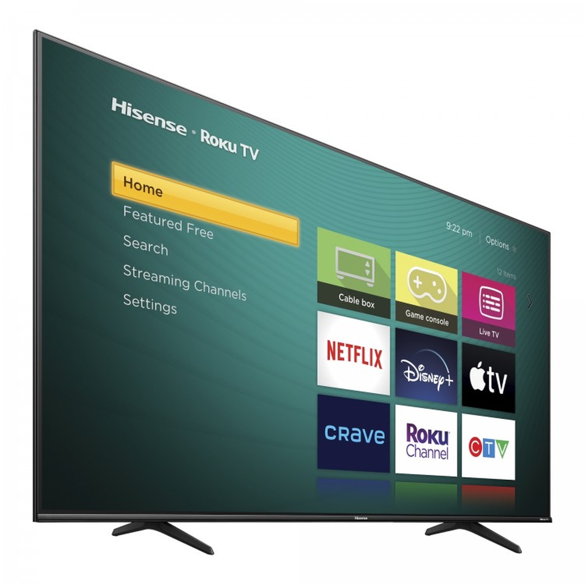 Angled view of the Hisense Roku TV showing its slim profile and dual feet stand