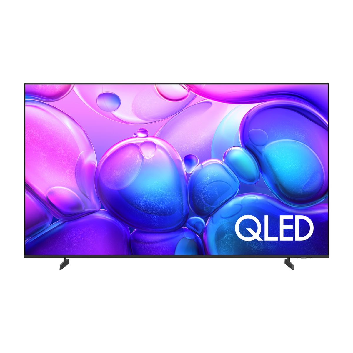 Front view of a Samsung QLED TV showing a colorful screen with QLED text and two feet stand