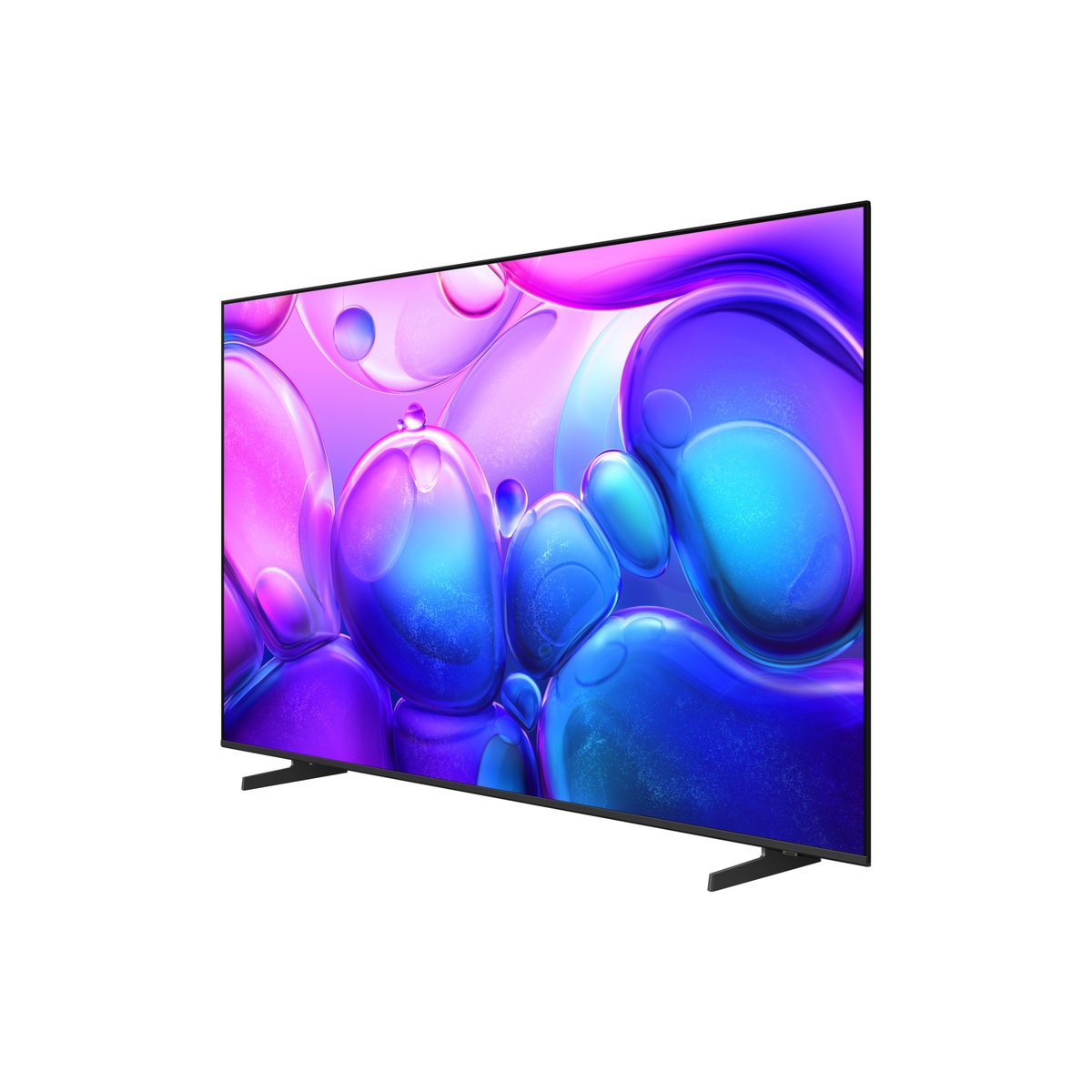 Angled view of a Samsung QLED TV with thin bezels and a stand
