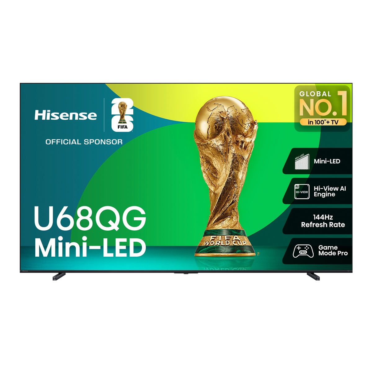 Hisense U68QG TV screen graphic highlighting Mini LED, Hi-View AI Engine, 144Hz refresh rate, and Game Mode Pro