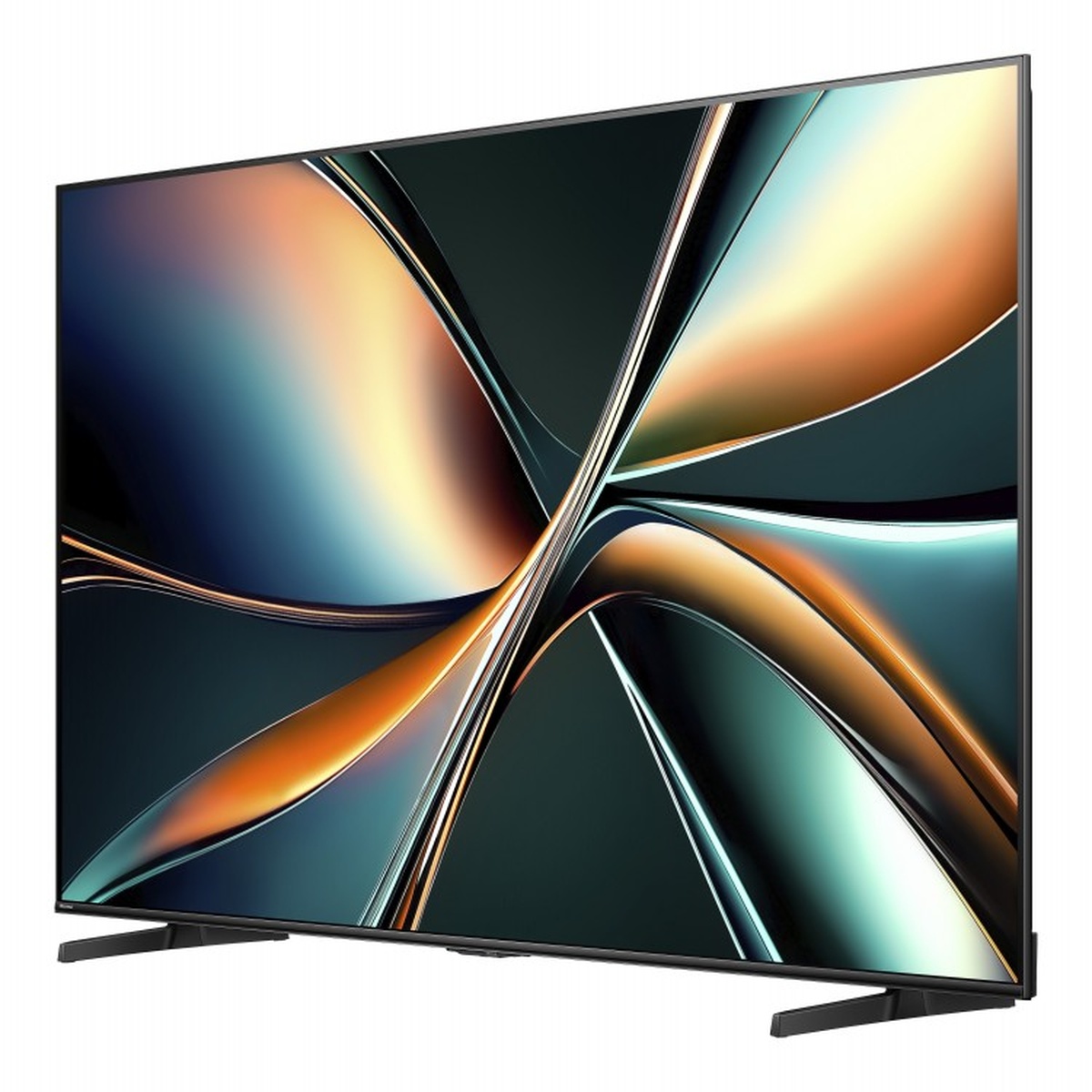 Angled view of a thin-bezel flat-screen TV on two feet stands displaying abstract artwork