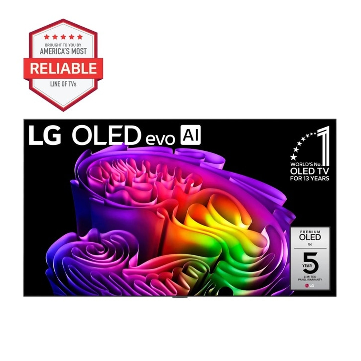Front view of LG OLED evo AI TV with on-screen LG OLED evo AI branding and badges including 5 year limited panel warranty