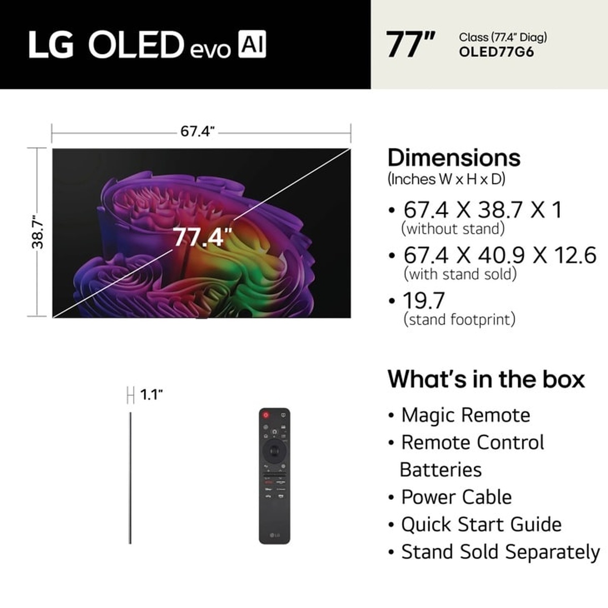 LG OLED evo AI 77 inch TV dimensions chart and what’s in the box list including Magic Remote, batteries, power cable, and quick start guide