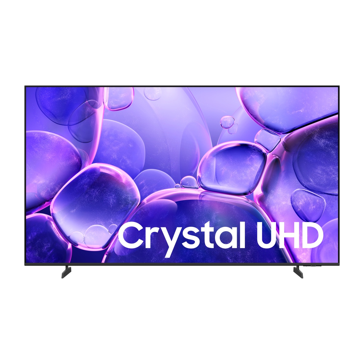 Front view of Samsung Crystal UHD television with thin bezel and two feet stand