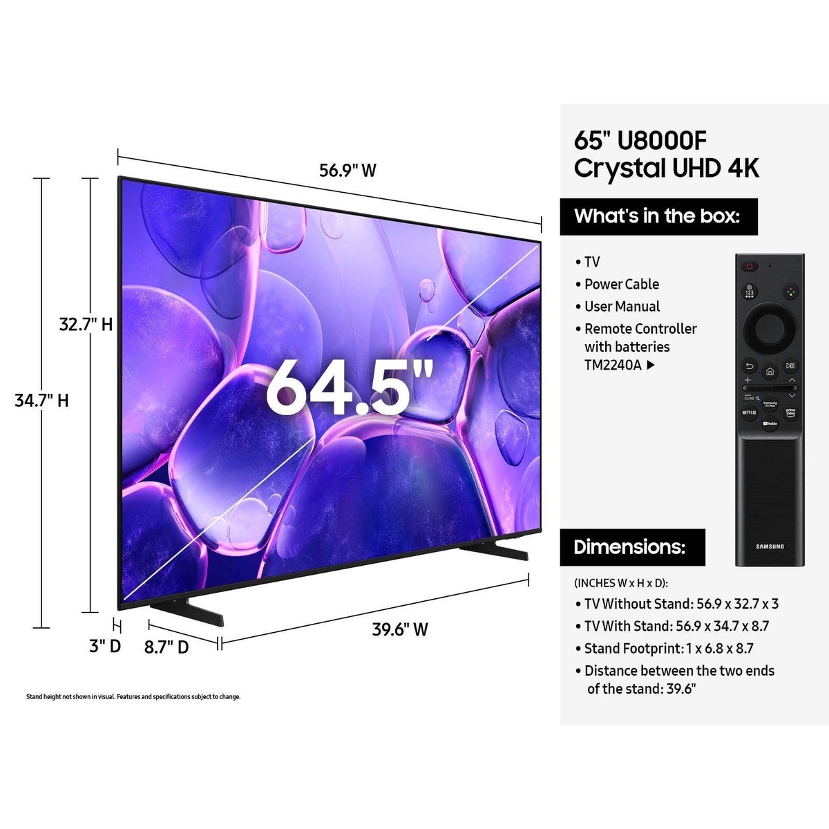 Samsung 65 inch U8000F TV dimension diagram with stand and without stand plus included remote and in-box items