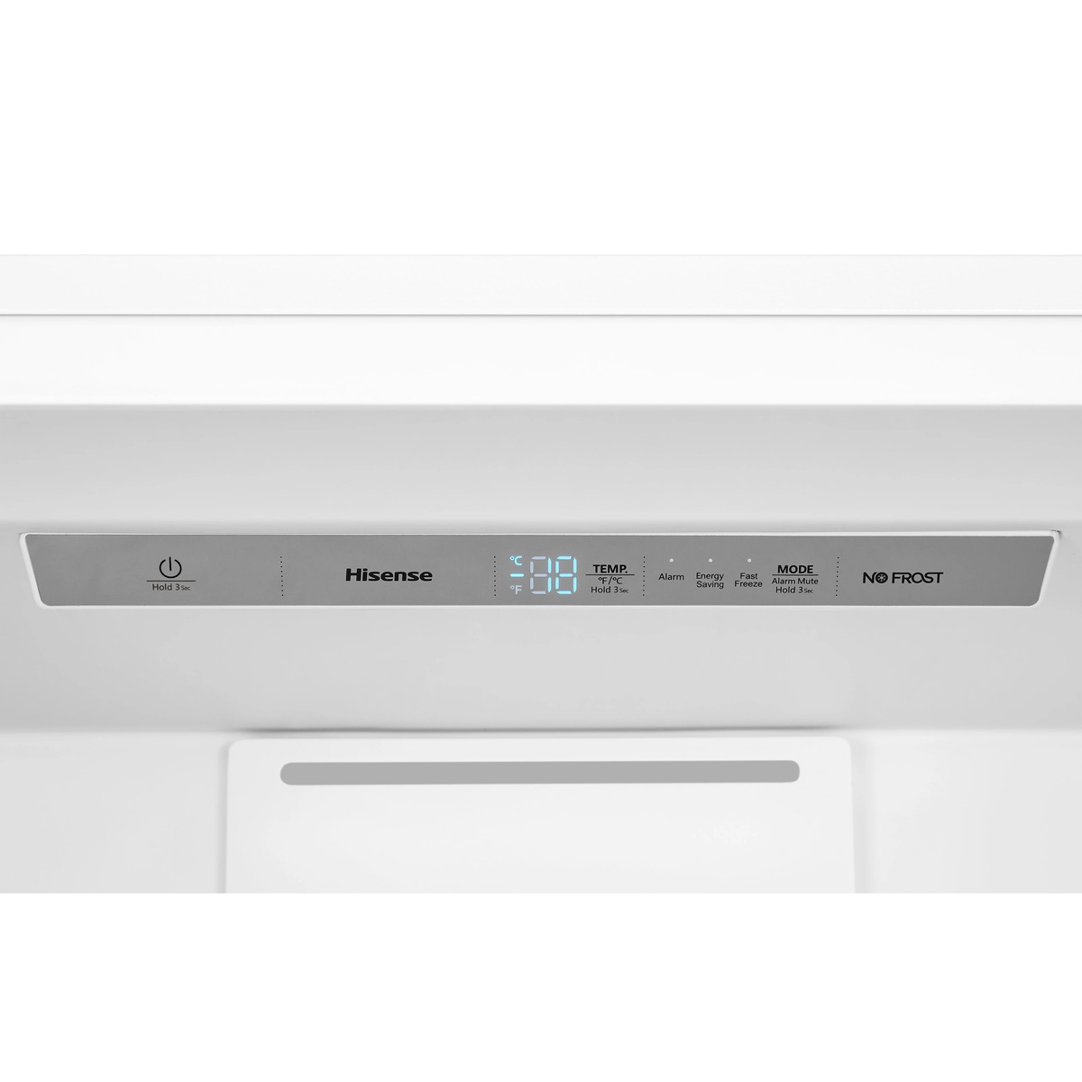 Open Hisense upright freezer interior with wire shelves, drawers, and full-width door bins