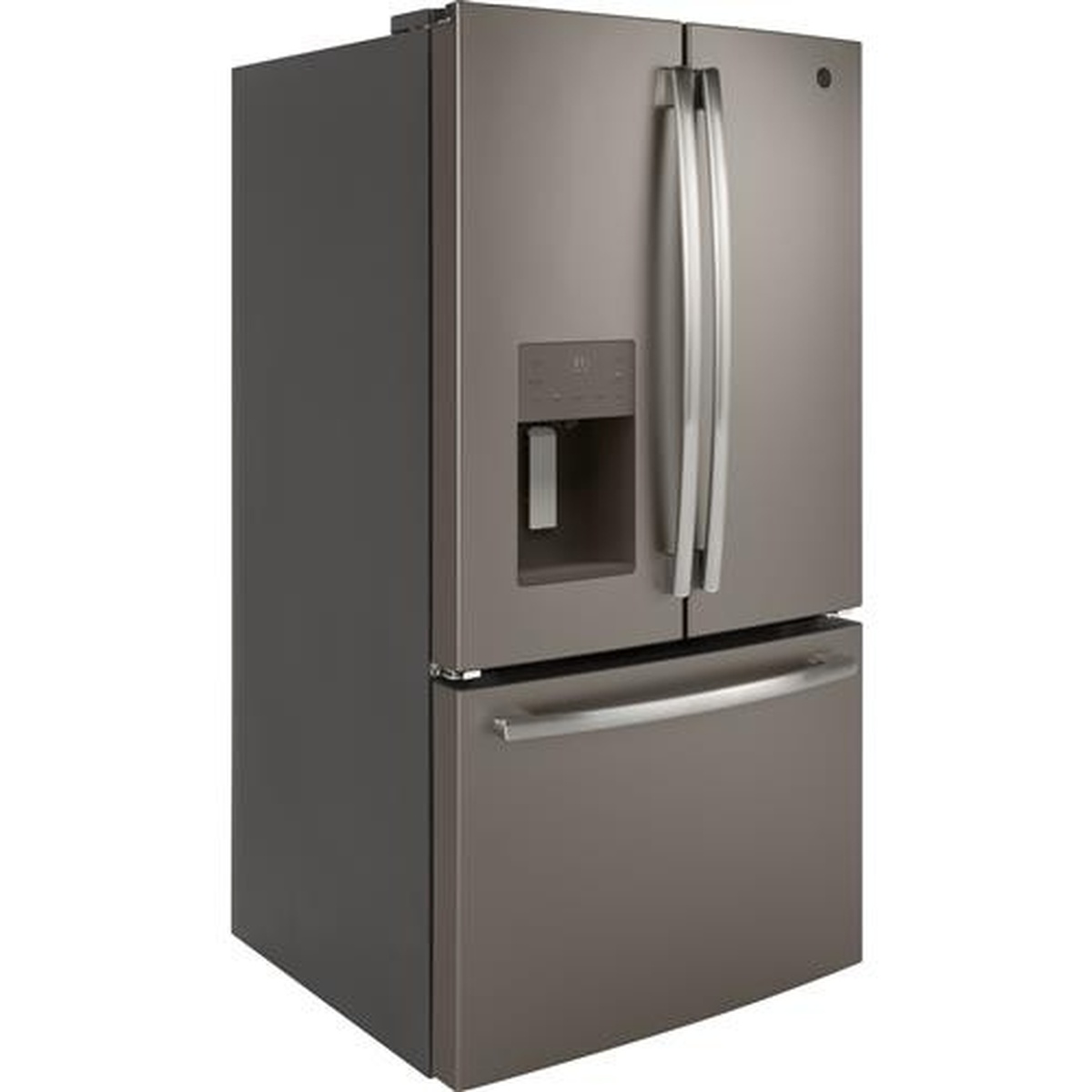 Angled view of GE fingerprint resistant slate French door refrigerator with external water and ice dispenser
